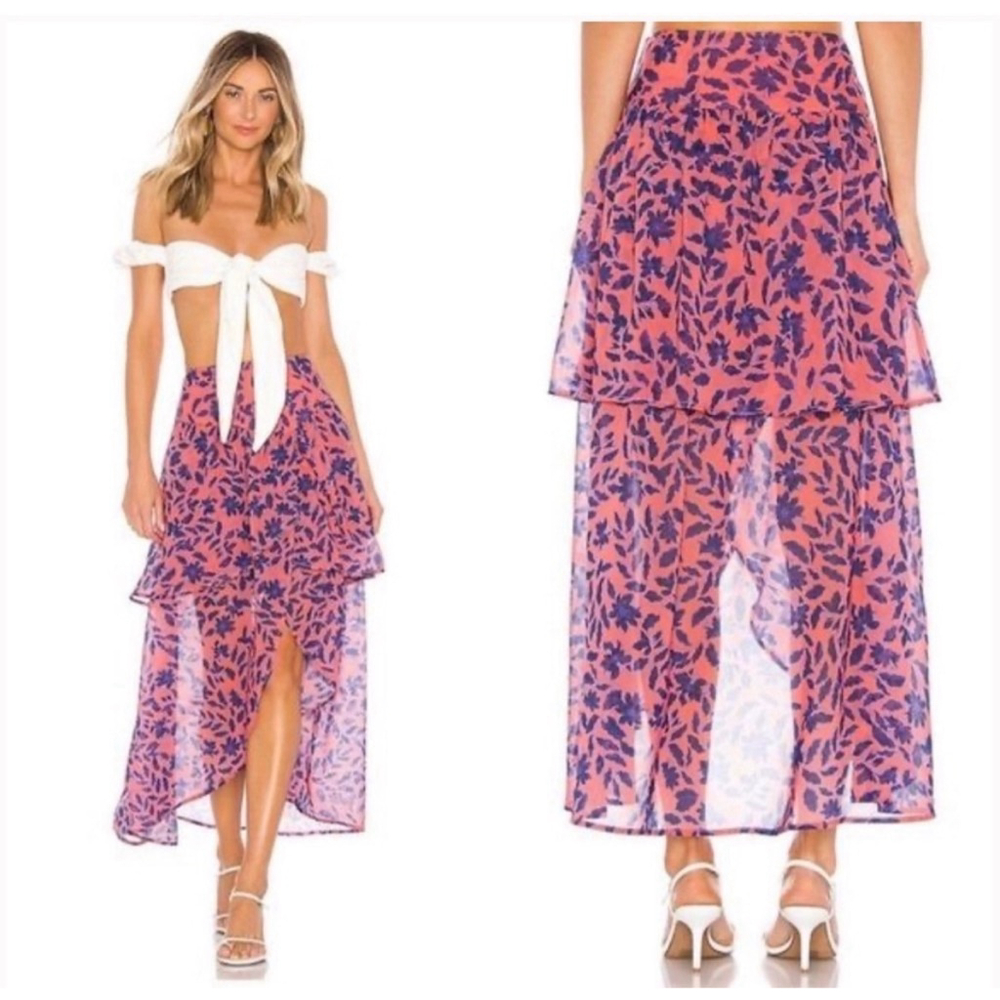 House of Harlow 1960 x Revolve Pink Floral High Low Midi Skirt Layered Boho Fest